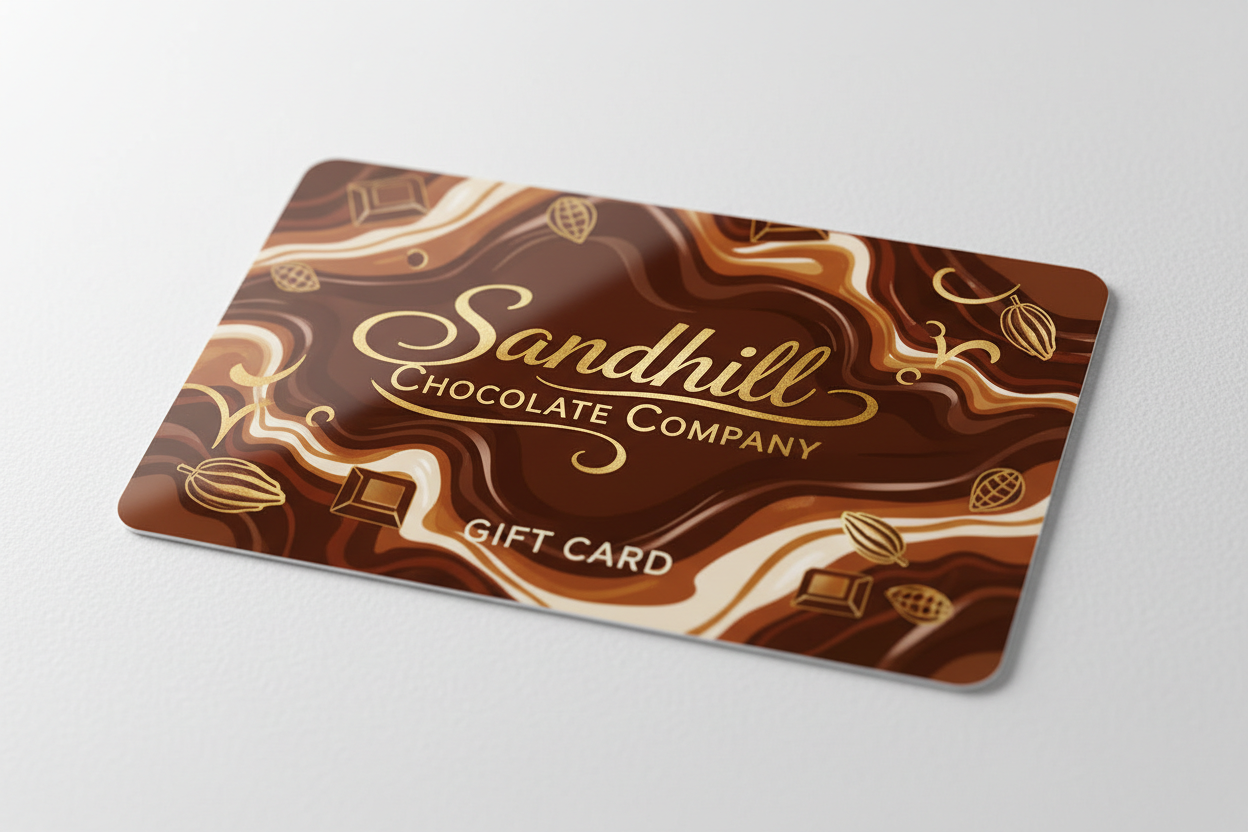 A plastic gift card showing the words "Sandhill Chocolate Company"